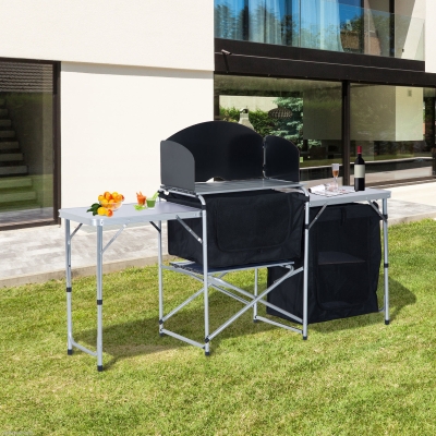 Outsunny Folding Camp Kitchen Table Picnic Cabinet Folding Cupboard Table With Wild Board Cooking Alu