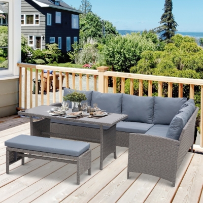 Outsunny 4 Piece Outdoor Patio Rattan Wicker Dining Table Bench Patio Furniture Sofa