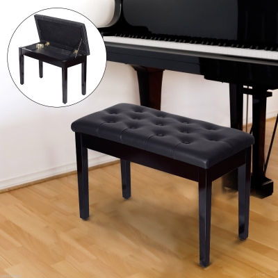 HOMCOM Storage Piano Bench Seat Faux Leather Padded Black Wooden Furniture Black