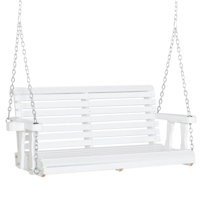 Outsunny 2-Person Outdoor Porch Swing Bench with 2 Built-In Cup Holders, Slatted Design, & Chains Included, White