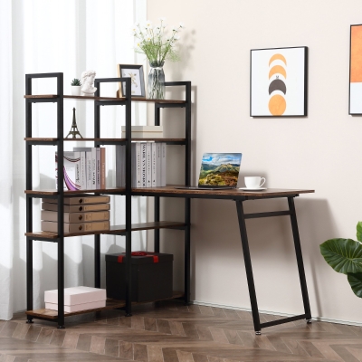 HOMCOM 5 Tier Versatile L-Shaped Computer Desk Writing Table with Display Shelves and Metal Frame, Space-Saving, for Study room Rustic Brown