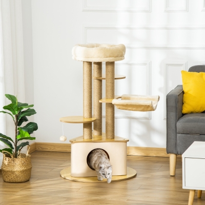 PawHut Cat Tree Tower Multi-Level Kitten House with Scratching Post Condo Hammock Bed Ball Toy - 23.5 x 23.5 x 39 Inches, Yellow