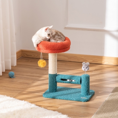PawHut Cat Tree with Removable Bed Scratching Post Interactive Kitten Toy Dangling Ball Spring Roller Bell Blue Orange