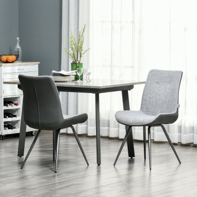 HOMCOM Modern Dining Chairs Upholstered Fabric and PU Leather Accent Chairs with Metal Legs for Kitchen, Set of 2, Grey