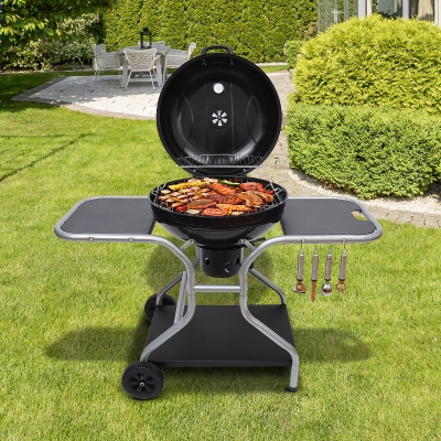 Outsunny Portable Charcoal Kettle Grill Outdoor Barbecue Trolley BBQ Heat Smoker Grilling with Free Standing
