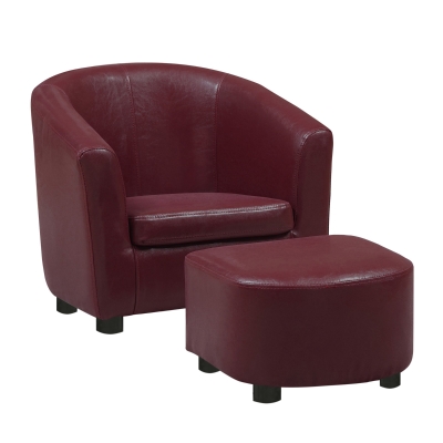 Monarch Kids' Upholstered Leather-Look Barrel Club Chair with Matching Ottoman - Red