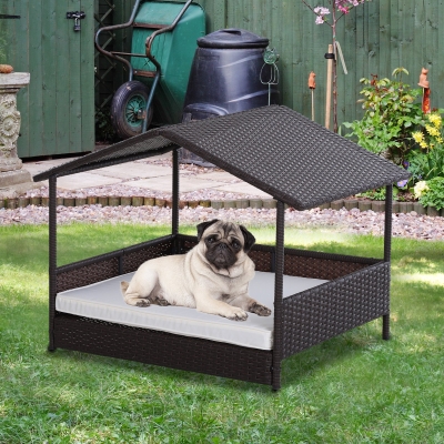 PawHut Wicker Pet House Dog Bed for Outdoor Patio Rattan Pet Furniture with Cushion