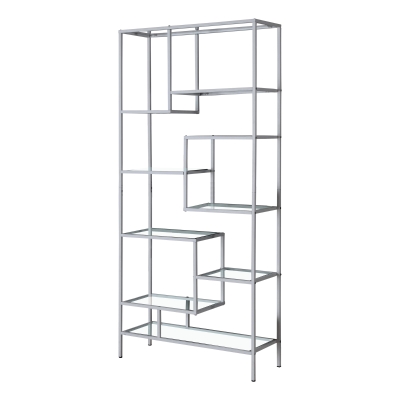 Monarch 72" Contemporary Open Concept Multi-Tier Bookshelf - Tempered Glass / Silver Metal