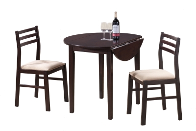 Monarch 3 Piece 36" Round Wooden Drop Leaf Table and Chairs Dining Set - Cappuccino Brown / Beige