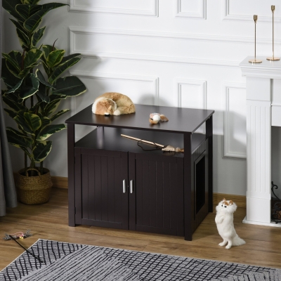 PawHut Wooden Cat Washroom Pet Litter Box Enclosure Kitten House Nightstand End Table Hideaway Cabinet with Removable/ Adjustable Divider Magnetic Doors Brown