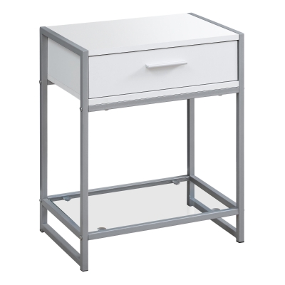 Monarch 22" Modern Compact End Table Night Stand with Storage Drawer, Metal Base and Clear Tempered Glass Bottom Shelf - White / Silver Metal Base