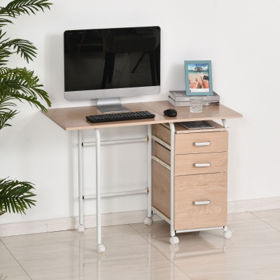 HOMCOM Foldable Computer Desk, Executive Study Desk Table, Student Table with 3 Drawers & Wheels, Spacious Workstation, Home Office