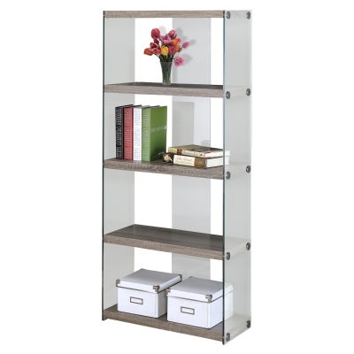 Monarch 60" Reclaimed Wood-Look Tempered Glass Sides 5-Tier Storage Bookcase - Dark Taupe Finish