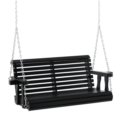 Outsunny 2-Person Outdoor Porch Swing Bench with 2 Built-In Cup Holders, Slatted Design, & Chains Included - Black