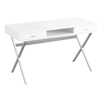 Monarch 48" Contemporary X Braced Writing Computer Desk with Drawers - Glossy White / Chrome Metal