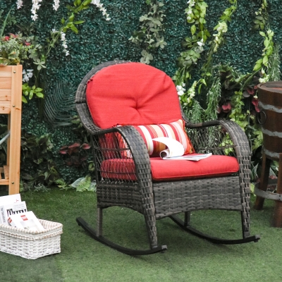 Outsunny PE Rattan Rocking Chair Garden Furniture Patio Relaxer Outdoor Wicker Conservatory w/ Cushion Red