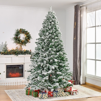 HOMCOM 7.5ft Artificial Snow Flocked Christmas Tree Xmas Tree Holiday Home Indoor Decoration for Party with Foldable Feet, Green