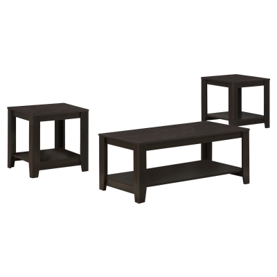 Monarch 3 Piece Contemporary Shelved Rectangular Wood-Look Coffee Table / Two Matching End Tables Set - Cappuccino