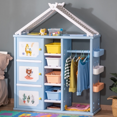 Qaba Kids toy Organizer and Storage Book Shelf with shelf, storage cabinet, hanger, storage box, and storage basket, Blue