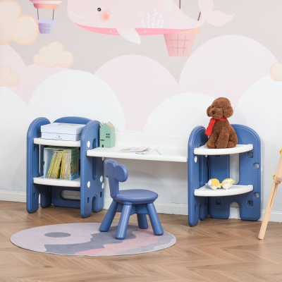 Qaba Kids Adjustable Table and Chair Set 2 Piece Play Table with Storage Children's Playroom/Bedroom Furniture Toddler PE Blue and white for 1-4 years old