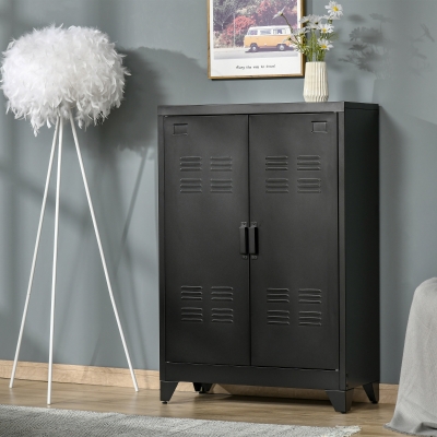 HOMCOM 2-Tier Steel Storage Cabinet with 2 Louvered Doors for Office, Garage, Warehouse, Black
