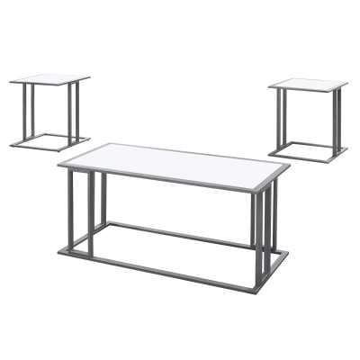 Monarch 3 Piece Modern Minimalist Smooth Laminate Coffee Table / Two Matching End Tables Set - White / Silver Metal