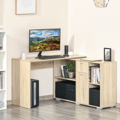 HOMCOM Convertable L-shape Computer Desk Home Office Table with Storage Shelf Drawer Cabinet Oak