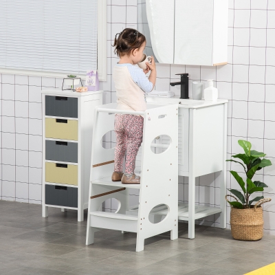 HOMCOM Kids Kitchen Helper Step Stool Toddler Kitchen Stool Learning Tower with Adjustable Standing Platform for Kids Kitchen Counter White