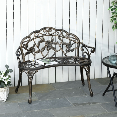Outsunny 40" Cast Aluminum Antique Rose Style Outdoor Patio Garden Park Bench, Accented Lawn Front Porch Path Yard Bronze Decor Deck Furniture for 2 Person Seat Bronze