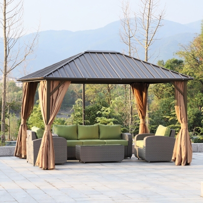 Outsunny 12x10ft Hardtop Patio Deluxe Steel Gazebo Garden Sun Shelter Aluminum Frame Heavy Duty Outdoor Hardroof Pavilion with Curtains and Netting Brown