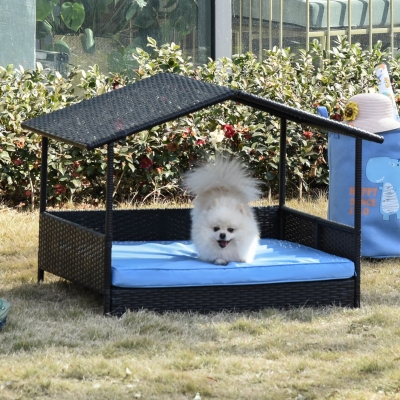 Outsunny PawHut Wicker Dog House Raised Rattan Dog Cat Bed for Indoor Outdoor Pet Sofa with Cushion Medium Sized Animal Lounge Blue