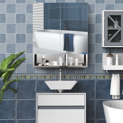 kleankin Wall Mount Bathroom Mirror Cabinet with Shelves Storage Organizer Stainless Steel Double Doors