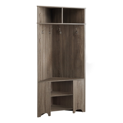 Monarch 67" Transitional Design Wood Grain-Look 4-Hook Coat Rack Corner Hall Tree Storage Shelf Bench - Dark Taupe Finish