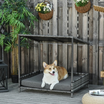 PawHut Wicker Dog House Raised Rattan Dog Cat Bed for Indoor Outdoor Garden Patio Pet Sofa with Cushion Medium Sized Pet Grey