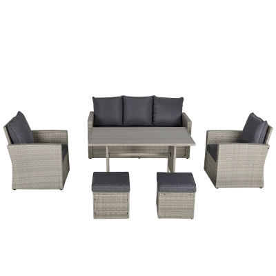 Outsunny 6-Piece Outdoor Dining Set with 3 Chairs, 2 Ottomans, 1 Sofa, & 1 Dining Table, Steel Frame & PE Rattan, Grey