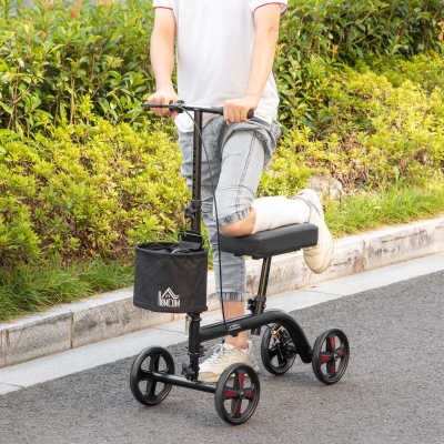 HOMCOM Knee Walker, Foldable Steerable Medical Knee Scooter, Crutch Alternative with Drum Braking System, Storage Bag for Foot Injuries, Black