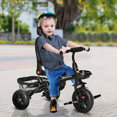 Qaba Baby Tricycle 4 In 1 Push Stroll w/ Reversible Angle Adjustable Seat Removable Handle Canopy Handrail Belt Storage Footrest Brake Clutch for 1-5 Years Old Black