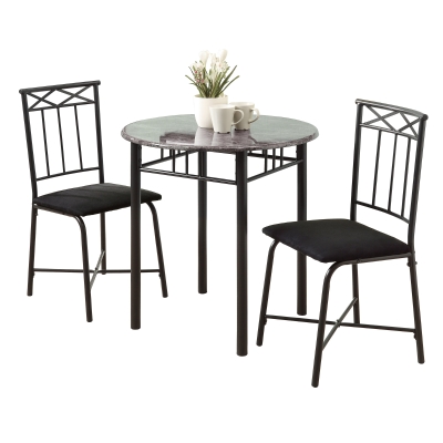Monarch 3-Piece Modern 30" Round Marble-Look Top Metal Frame Table and Padded Chairs Dining Bistro Set - Grey Finish