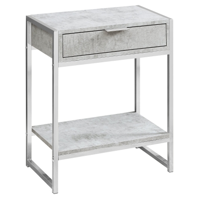 Monarch 24" Contemporary End Table Night Stand with Large Storage Drawer and Open Bottom Shelf - Grey Cement-Look / Chrome Frame