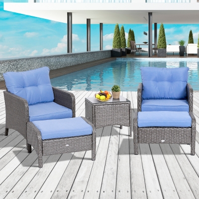 Outsunny 5pcs Patio Rattan Furniture Set Tea Table Footstool w/ Cushion