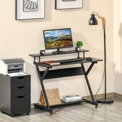 HOMCOM Industrial Computer Desk with Monitor Shelf and Storage, Z-Shaped Writing Desk Workstation for Home Office, Black