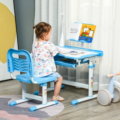 Qaba Kids Desk and Chair Set Height Adjustable Student Writing Desk Children School Study Table with Tilt Desktop, LED Lamp, Pen Box, Drawer, Reading Board, Cup Holder, Pen Slots, Blue