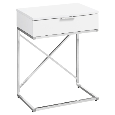 Monarch 24" Contemporary End Table Night Stand with Large Storage Drawer and Metal X-Design Frame - Glossy White / Chrome Base