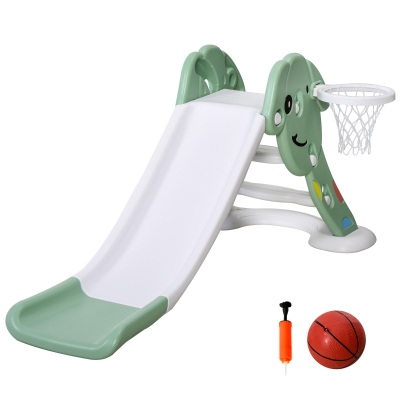 Qaba Indoor/Outdoor Kids Toy Slide with a Safety Triangle Design, Texturized Steps, & Side Basketball Hoop - Green
