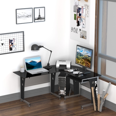 HOMCOM 64” Modern L-Shaped Glass Top Office Workstation Computer Desk PC Table