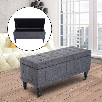 HOMCOM Storage Bench Tufted Linen Fabric Ottoman Footstool with Soft Close Lid, Grey