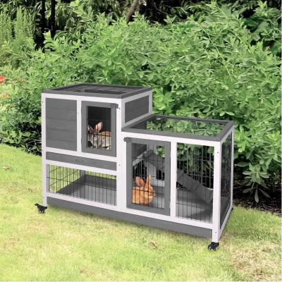 PawHut Wooden Indoor Rabbit Hutch Elevated Cage Habitat with Enclosed Run with Wheels, Ideal for Rabbits and Guinea Pigs, Grey and White