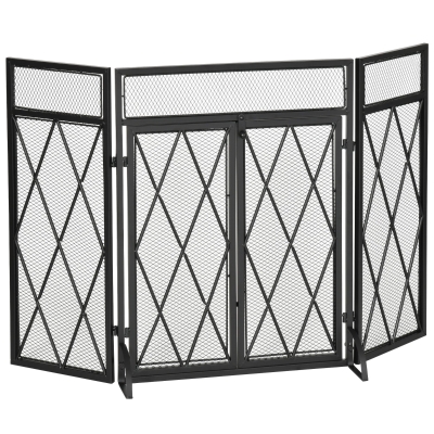 HOMCOM 3-Panel Folding Fireplace Screen for Wood Burning with Double Doors, Home Heavy Duty Steel Fire Spark Guard, 47.25" x 31", Black