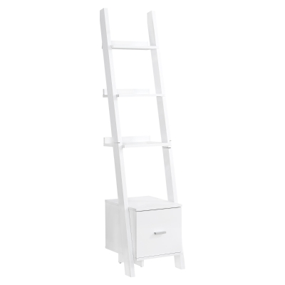 Monarch 69" Contemporary 4-Shelf Narrow Ladder Bookcase with Storage Drawer - White Finish