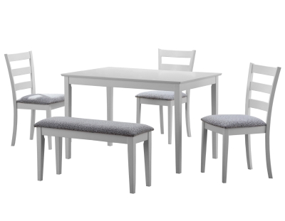 Monarch 5 Piece 47" Wooden Table, Slat Back Side Chairs and Linen Padded Bench Dining Set - White